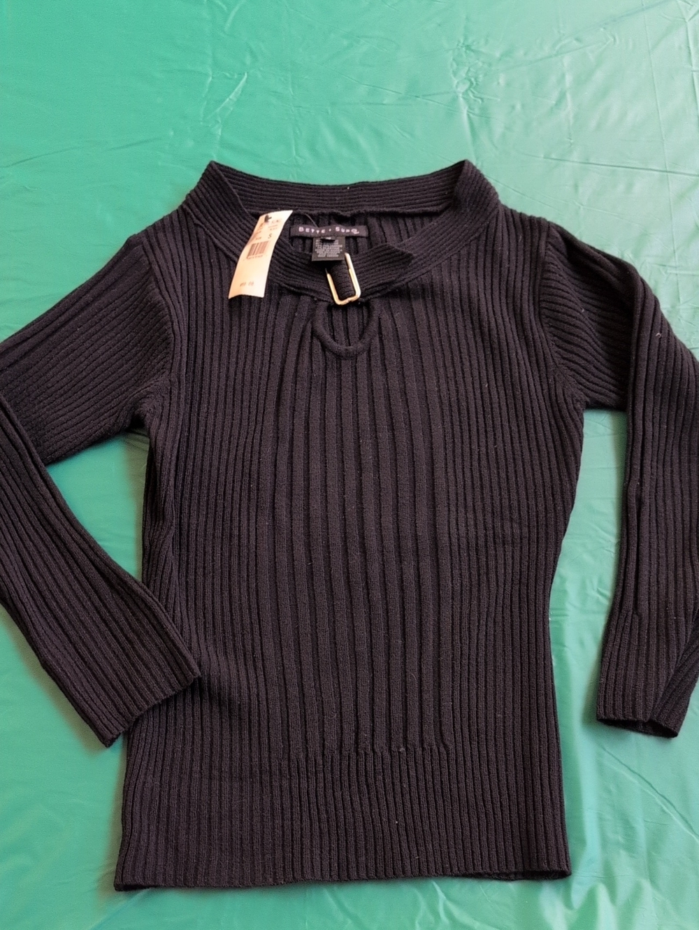 Black Ribbed Turtleneck Sweater with Buckle Detail